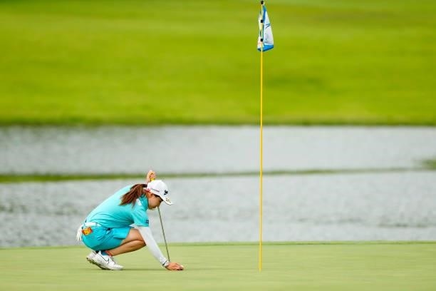 Rieru Shibusawa of Japan putts on the 18th green during the second round of the Sky Ladies ABC Cup at the ABC Golf Club on June 30, 2021 in Kato,...