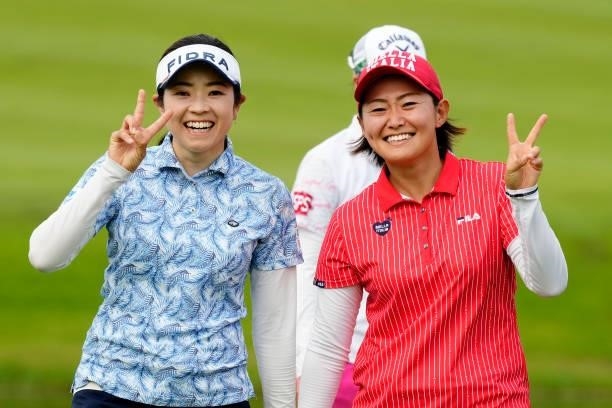 Sumika Nakasone and Yukiko Nishiki of Japan pose after the second round of the Sky Ladies ABC Cup at the ABC Golf Club on June 30, 2021 in Kato,...