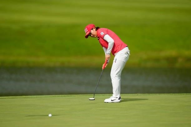 Yukiko Nishiki of Japan putts on the 18th green during the second round of the Sky Ladies ABC Cup at the ABC Golf Club on June 30, 2021 in Kato,...