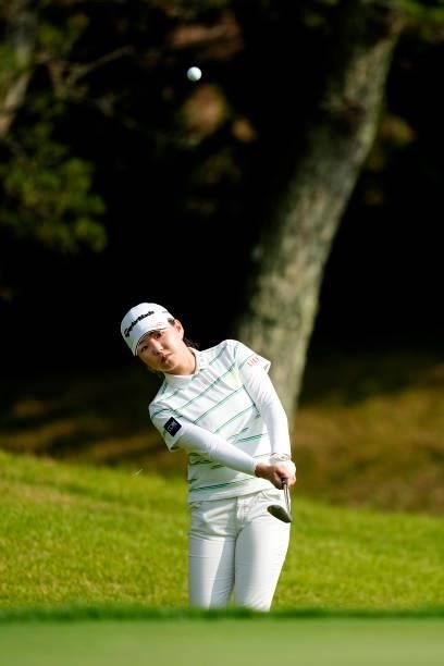 Hinako Yamauchi of Japan chips onto the 1st green during the second round of the Sky Ladies ABC Cup at the ABC Golf Club on June 30, 2021 in Kato,...