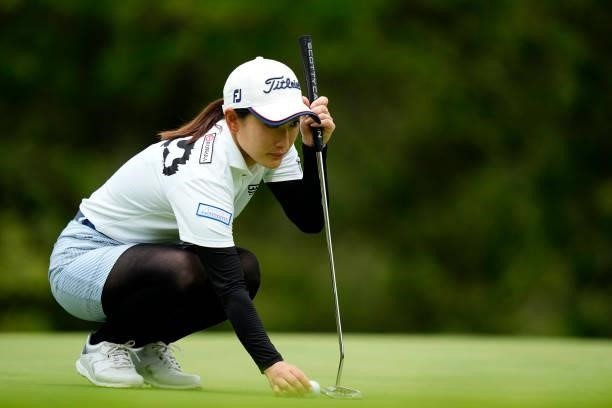 Yoshie Kobayashi of Japan prepares to putt on the 7th green during the second round of the Sky Ladies ABC Cup at the ABC Golf Club on June 30, 2021...