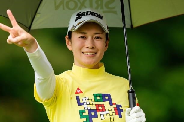 Eriko Kobashi of Japan gestures during the second round of the Sky Ladies ABC Cup at the ABC Golf Club on June 30, 2021 in Kato, Hyogo, Japan.