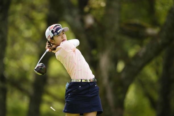 Sae Ogura of Japan hits her tee shot on the second hole during the second round of the Sky Ladies ABC Cup at the ABC Golf Club on June 30, 2021 in...