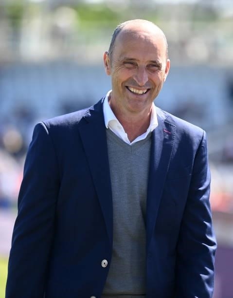 Sky Sports commentator Nasser Hussain during the 1st One Day International between England and Sri Lanka at Emirates Riverside on June 29, 2021 in...