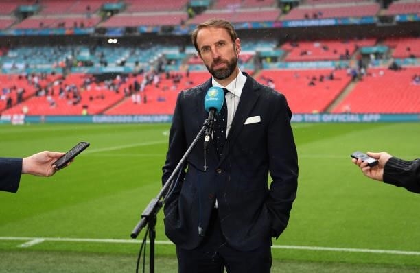 England Head Coach Gareth Southgate talks to the media before the UEFA Euro 2020 Championship Round of 16 match between England and Germany at...