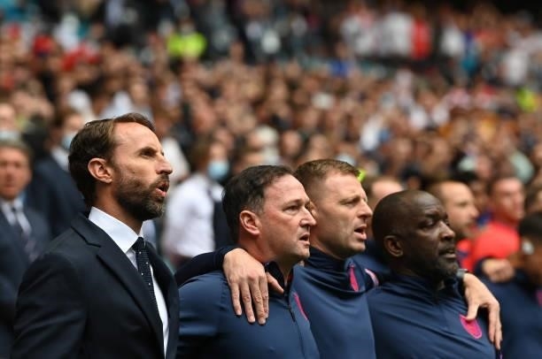 England Head Coach Gareth Southgate sings the national anthem before the UEFA Euro 2020 Championship Round of 16 match between England and Germany at...