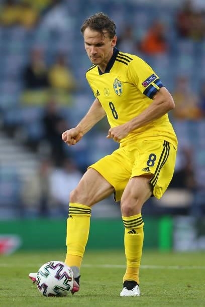 Albin Ekdal of Sweden on the ball during the UEFA Euro 2020 Championship Round of 16 match between Sweden and Ukraine at Hampden Park on June 29,...