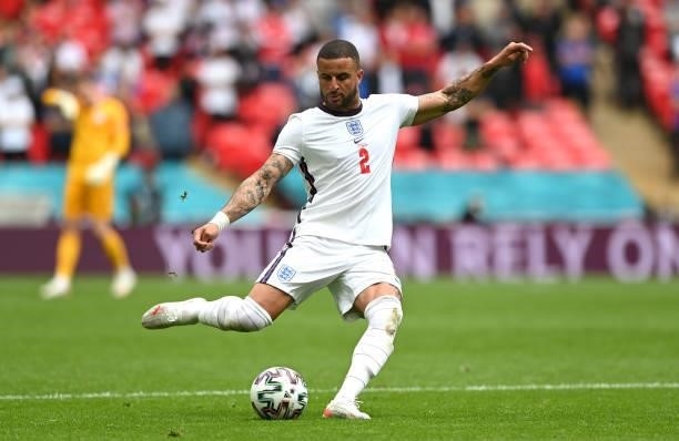 Kyle Walker of England crosses the ball during the UEFA Euro 2020 Championship Round of 16 match between England and Germany at Wembley Stadium on...