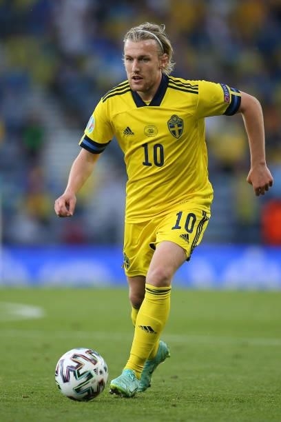 Emil Forsberg of Sweden on the ball during the UEFA Euro 2020 Championship Round of 16 match between Sweden and Ukraine at Hampden Park on June 29,...
