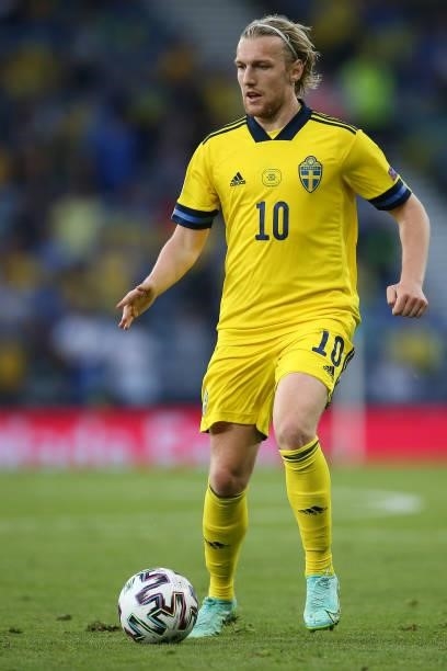 Emil Forsberg of Sweden on the ball during the UEFA Euro 2020 Championship Round of 16 match between Sweden and Ukraine at Hampden Park on June 29,...
