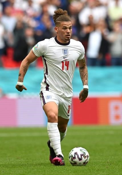 Kalvin Phillips of England runs with the ball during the UEFA Euro 2020 Championship Round of 16 match between England and Germany at Wembley Stadium...