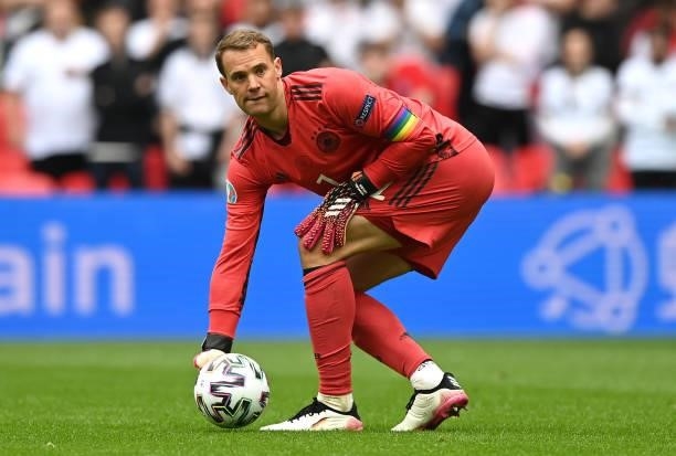 Manuel Neuer of Germany rolls the ball out during the UEFA Euro 2020 Championship Round of 16 match between England and Germany at Wembley Stadium on...