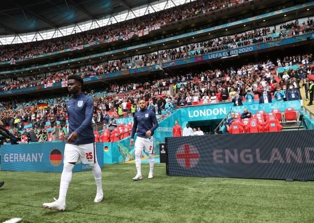 Bukayo Saka of England walks out prior to the UEFA Euro 2020 Championship Round of 16 match between England and Germany at Wembley Stadium on June...