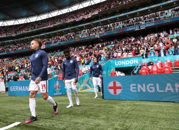 Kalvin Phillips of England walks out prior to the UEFA Euro 2020 Championship Round of 16 match between England and Germany at Wembley Stadium on...