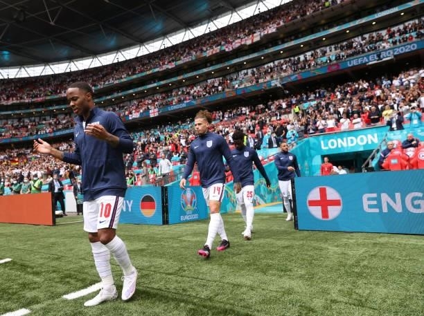 Raheem Sterling of England walks out prior to the UEFA Euro 2020 Championship Round of 16 match between England and Germany at Wembley Stadium on...