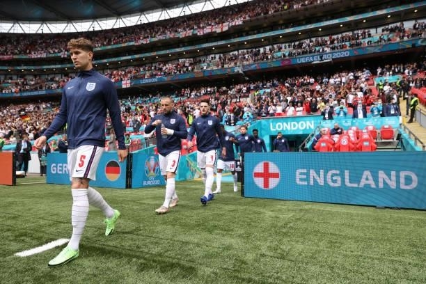 John Stones of England walks out prior to the UEFA Euro 2020 Championship Round of 16 match between England and Germany at Wembley Stadium on June...