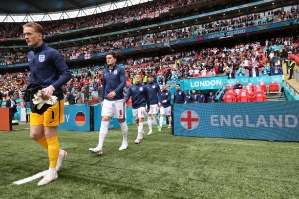 Jordan Pickford of England walks out prior to the UEFA Euro 2020 Championship Round of 16 match between England and Germany at Wembley Stadium on...