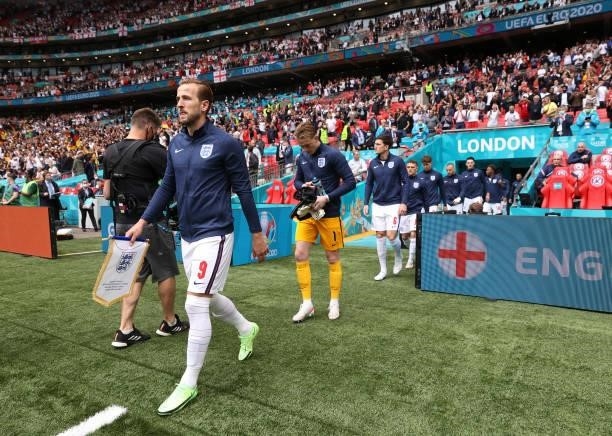 Harry Kane of England walks out prior to the UEFA Euro 2020 Championship Round of 16 match between England and Germany at Wembley Stadium on June 29,...