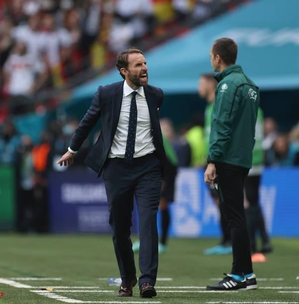 Gareth Southgate, Head Coach of England celebrates following his team's victory in the UEFA Euro 2020 Championship Round of 16 match between England...