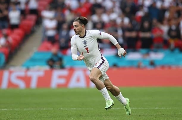 Jack Grealish of England runs on during the UEFA Euro 2020 Championship Round of 16 match between England and Germany at Wembley Stadium on June 29,...