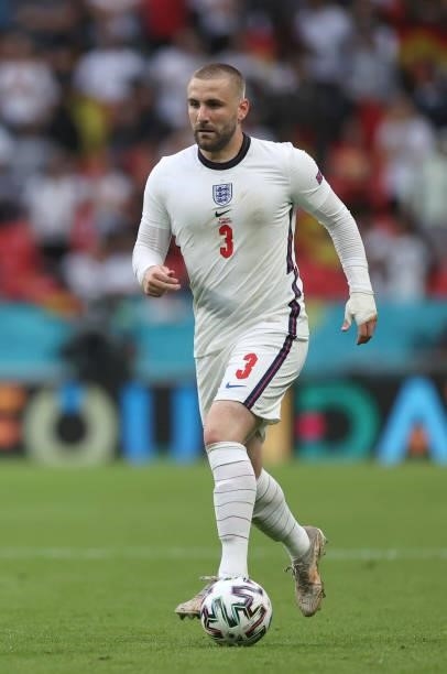 Luke Shaw of England runs with the ball during the UEFA Euro 2020 Championship Round of 16 match between England and Germany at Wembley Stadium on...