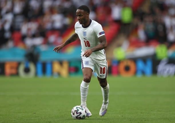 Raheem Sterling of England runs with the ball during the UEFA Euro 2020 Championship Round of 16 match between England and Germany at Wembley Stadium...