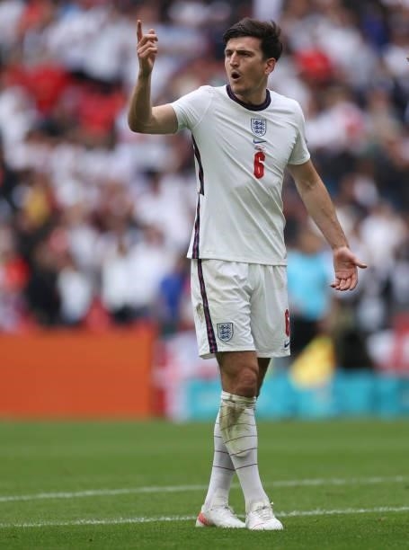 Harry Maguire of England reacts during the UEFA Euro 2020 Championship Round of 16 match between England and Germany at Wembley Stadium on June 29,...