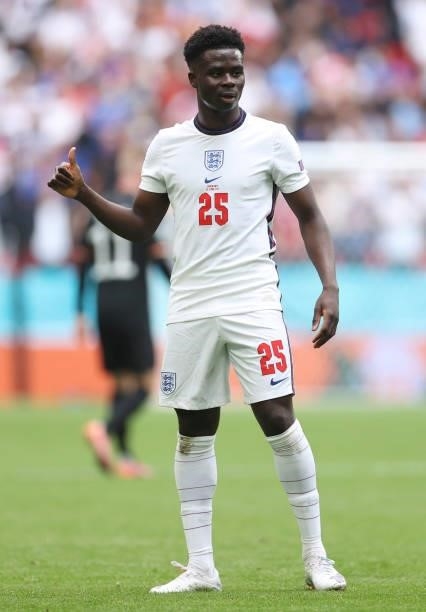 Bukayo Saka of England reacts during the UEFA Euro 2020 Championship Round of 16 match between England and Germany at Wembley Stadium on June 29,...