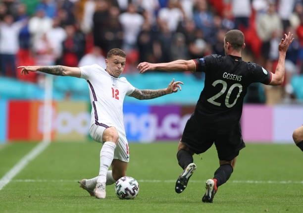 Kieran Trippier of England is challenged by Robin Gosens of Germany during the UEFA Euro 2020 Championship Round of 16 match between England and...