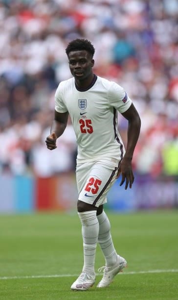 Bukayo Saka of England runs on during the UEFA Euro 2020 Championship Round of 16 match between England and Germany at Wembley Stadium on June 29,...