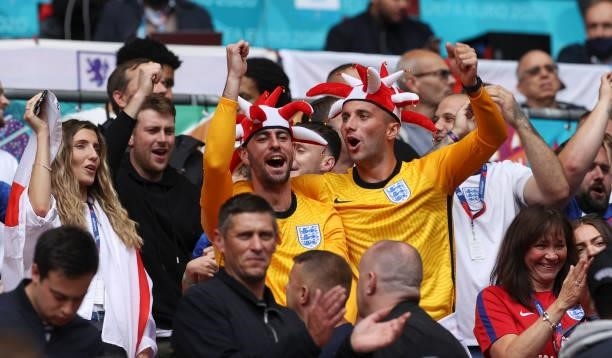 England fans show their support during the UEFA Euro 2020 Championship Round of 16 match between England and Germany at Wembley Stadium on June 29,...