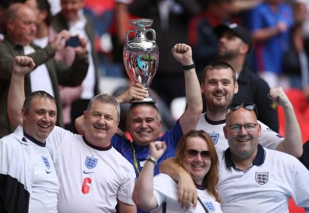 England fans show their support during the UEFA Euro 2020 Championship Round of 16 match between England and Germany at Wembley Stadium on June 29,...