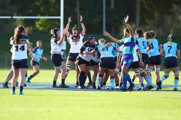 Brumbies players celebrate during the round three Super W match between the NSW Waratahs and the ACT Brumbies at Coffs Harbour International Stadium...
