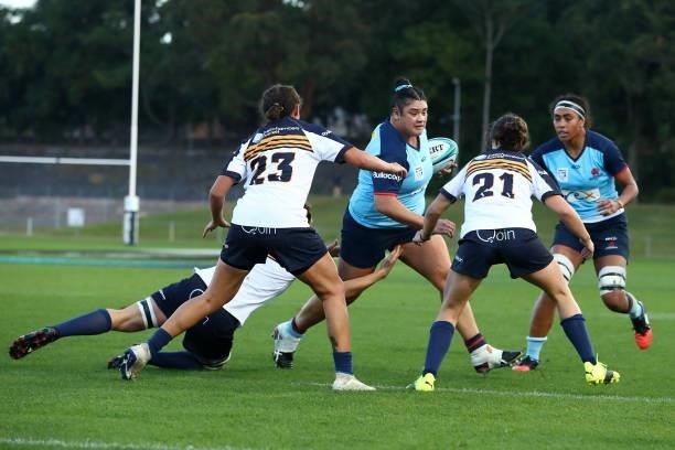 Eva Karpani of the Waratahs runs with the ball during the round three Super W match between the NSW Waratahs and the ACT Brumbies at Coffs Harbour...