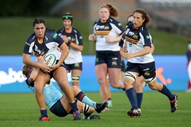 Teliya Hetaraka of the Brumbies is tackled during the round three Super W match between the NSW Waratahs and the ACT Brumbies at Coffs Harbour...