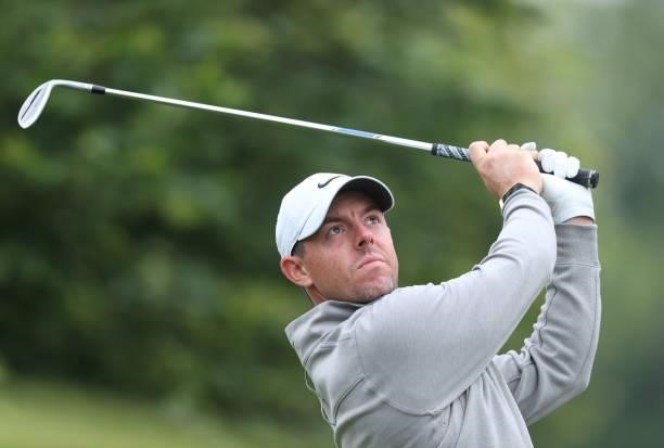 Rory McIlroy of Northern Ireland plays in the pro am ahead of the Dubai Duty Free Irish Open at Mount Juliet Golf Club on June 30, 2021 in...
