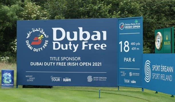 The 18th tee box is pictured ahead of the Dubai Duty Free Irish Open at Mount Juliet Golf Club on June 30, 2021 in Thomastown, Ireland.
