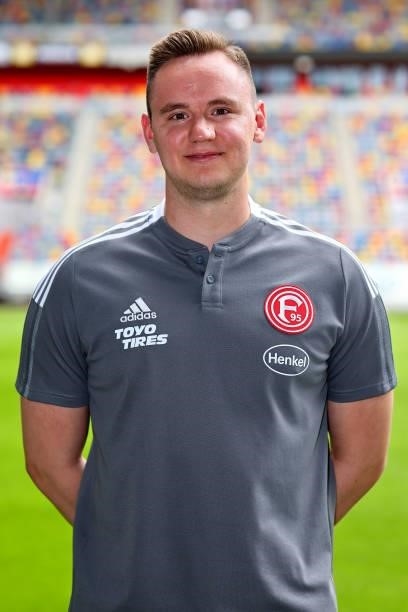 Benjamin Fischer, video analyst of Fortuna Düsseldorf poses during the team presentation at Merkur-Spiel Arena on June 30, 2021 in Duesseldorf,...