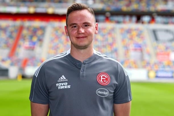 Benjamin Fischer, video analyst of Fortuna Düsseldorf poses during the team presentation at Merkur-Spiel Arena on June 30, 2021 in Duesseldorf,...