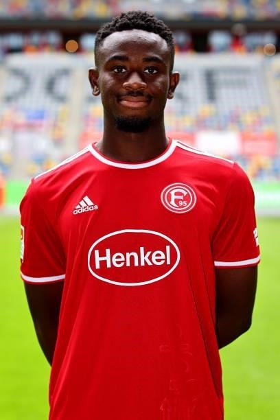 Nikell Touglo of Fortuna Düsseldorf poses during the team presentation at Merkur-Spiel Arena on June 30, 2021 in Duesseldorf, Germany.