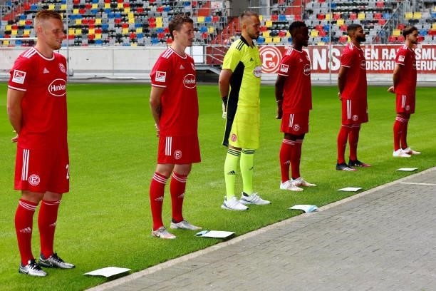 The team with Rouwen Hennings of Fortuna Düsseldorf poses during the team presentation at Merkur-Spiel Arena on June 30, 2021 in Duesseldorf, Germany.