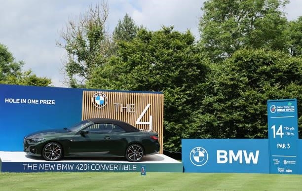 The 14th hole is pictured with the BMW hole-in-One prize ahead of the Dubai Duty Free Irish Open at Mount Juliet Golf Club on June 30, 2021 in...