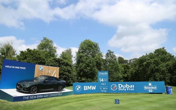 The 14th hole is pictured with the BMW hole-in-One prize ahead of the Dubai Duty Free Irish Open at Mount Juliet Golf Club on June 30, 2021 in...