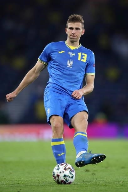 Illia Zabarnyi of Ukraine in action during the UEFA Euro 2020 Championship Round of 16 match between Sweden and Ukraine at Hampden Park on June 29,...