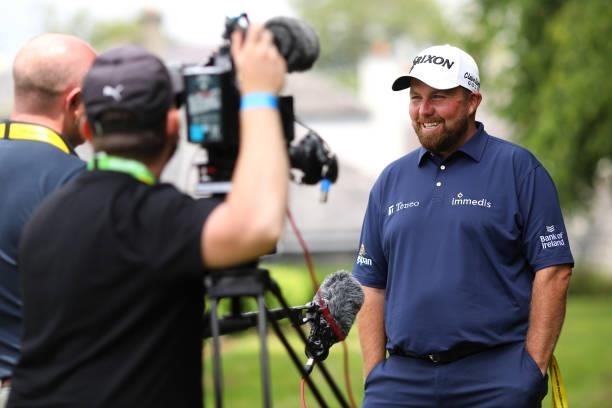Shane Lowry of Ireland chats to media during a practice day prior to The Dubai Duty Free Irish Open at Mount Juliet Golf Club on June 30, 2021 in...