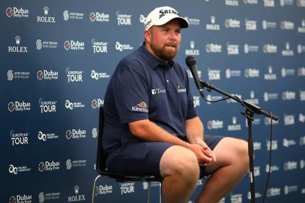 Shane Lowry of Ireland chats to media during a practice day prior to The Dubai Duty Free Irish Open at Mount Juliet Golf Club on June 30, 2021 in...