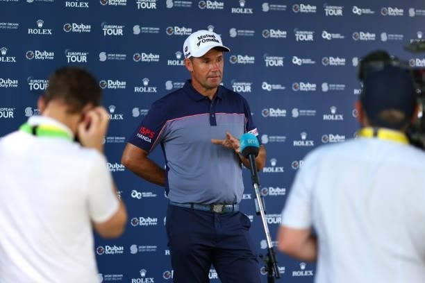 Padraig Harrington of Ireland chats to media during a practice day prior to The Dubai Duty Free Irish Open at Mount Juliet Golf Club on June 30, 2021...