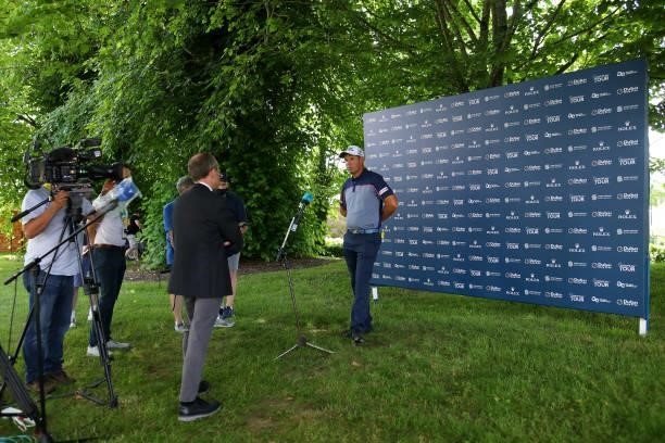 Padraig Harrington of Ireland chats to media during a practice day prior to The Dubai Duty Free Irish Open at Mount Juliet Golf Club on June 30, 2021...