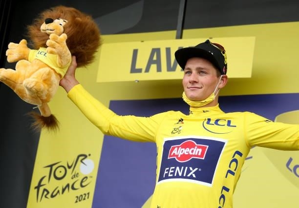 Mathieu van der Poel of Netherlands and Alpecin - Fenix retains the yellow jersey of race's leader during the trophy ceremony of stage 5 of the 108th...