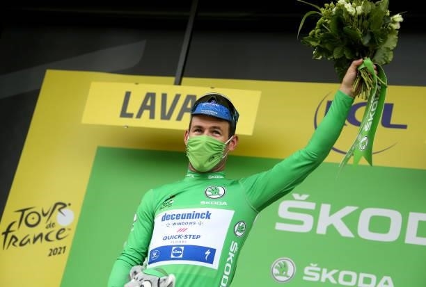 Mark Cavendish of Great Britain and Deceuninck - Quick Step retains the green jersey of best sprinter during the trophy ceremony of stage 5 of the...
